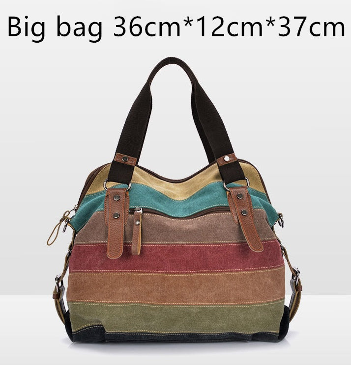 KVKY Brand Fashion Canvas Bag Brand Women Handbag Classic Patchwork Casual Female Shoulder Bags Striped Rainbow Purse Pouch