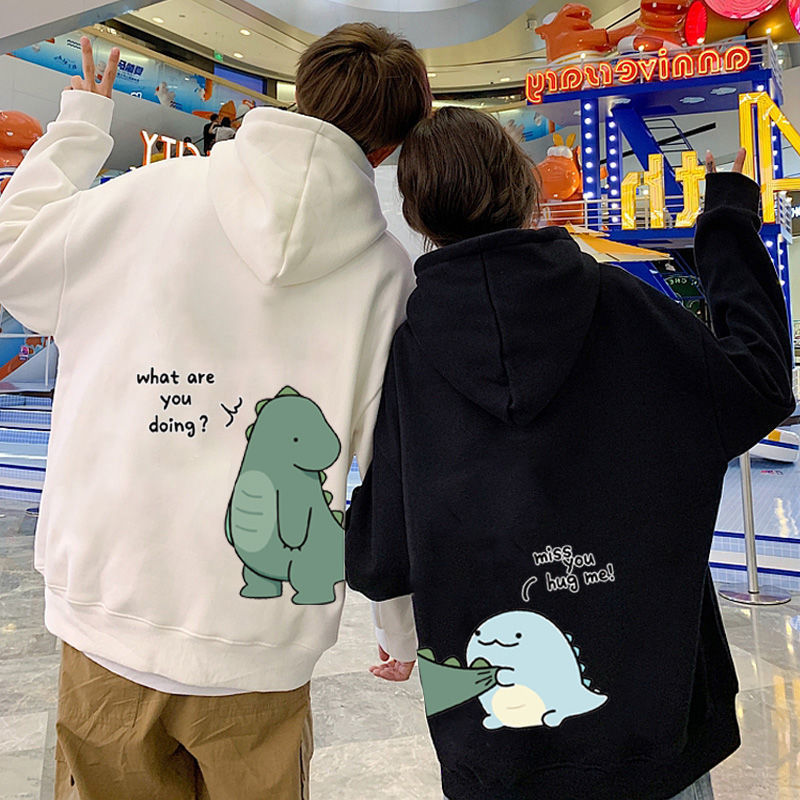 Winter Fleece-lined Hoodie Dinosaur Print Couple Niche Design