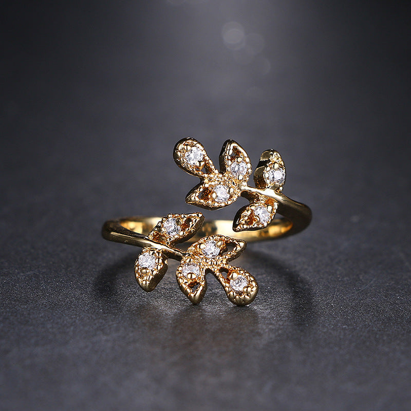 Leaf-shaped Open Diamond Ring 18K Real Gold Plating - Minihomy