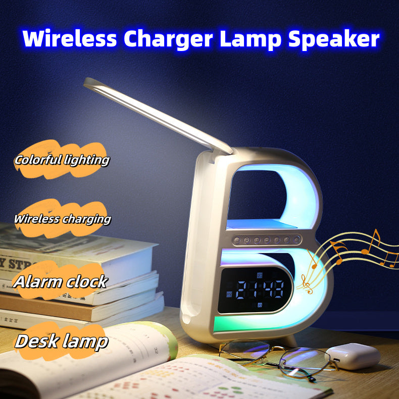 B-Shaped Bluetooth Speaker with Wireless Charger, Smart Music Rhythm Lighting, and Alarm Clock - Minihomy