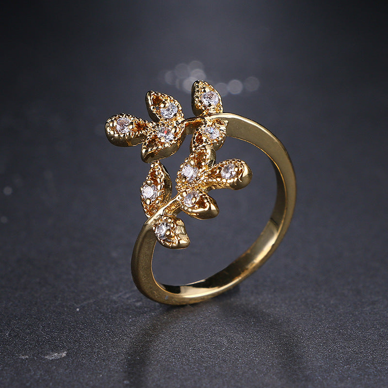 Leaf-shaped Open Diamond Ring 18K Real Gold Plating