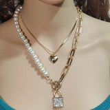 Simple Temperament Diamond Lock-shaped Pearl Necklace for Women