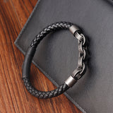 Black Genuine Leather Chain Bracelet with Magnetic Buckle