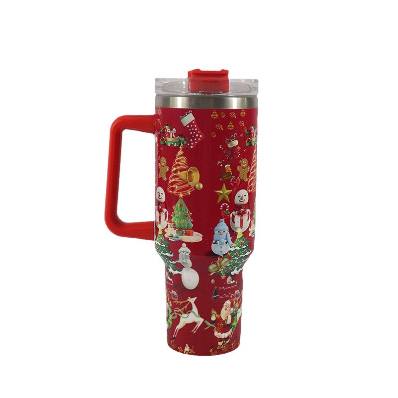 Christmas Pattern Mug With Handle Lid Straw Drinkware Stainless Steel Vacuum Tumbler Large Capacity Car Travel Coffee Cup - Minihomy