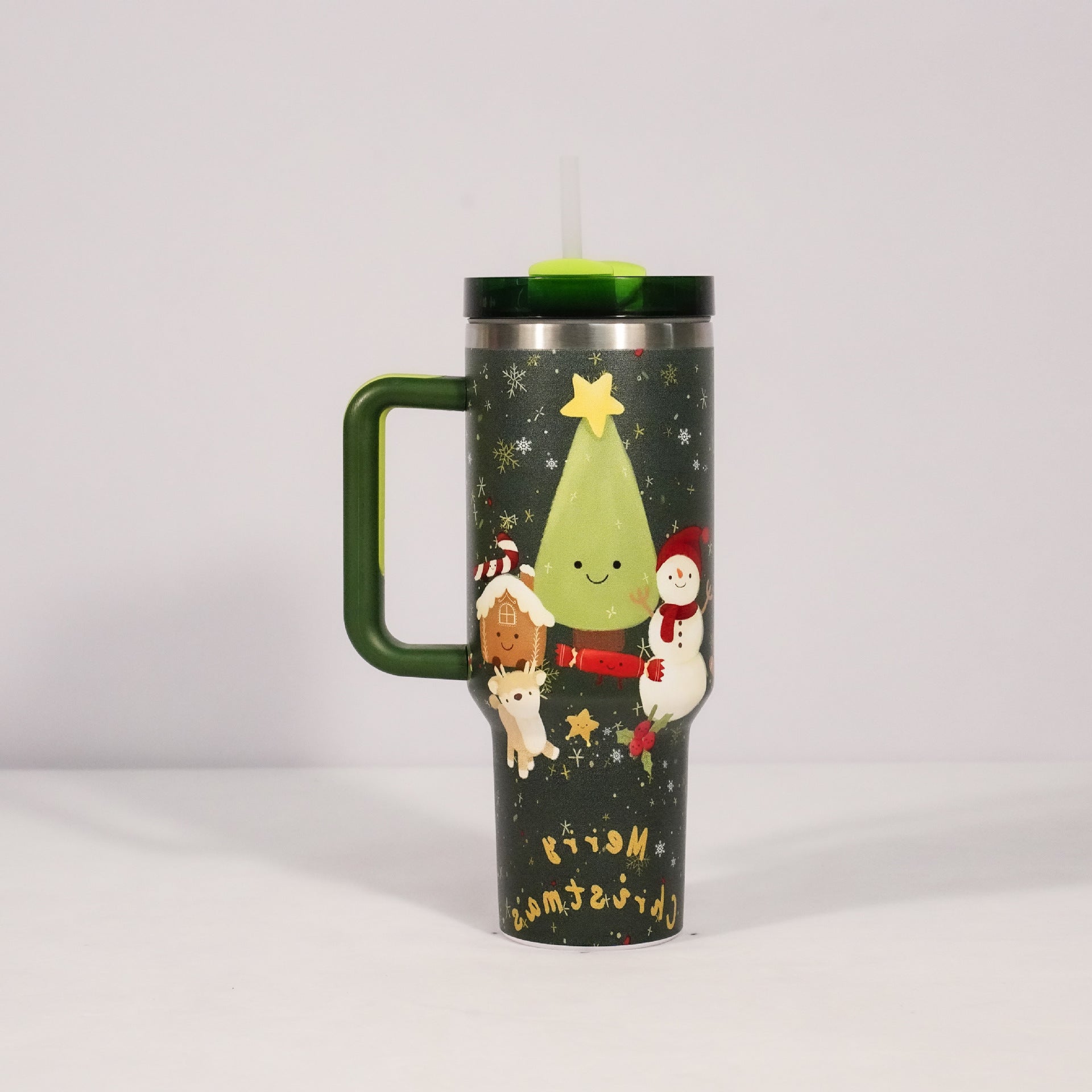 Christmas Pattern Mug With Handle Lid Straw Drinkware Stainless Steel Vacuum Tumbler Large Capacity Car Travel Coffee Cup - Minihomy