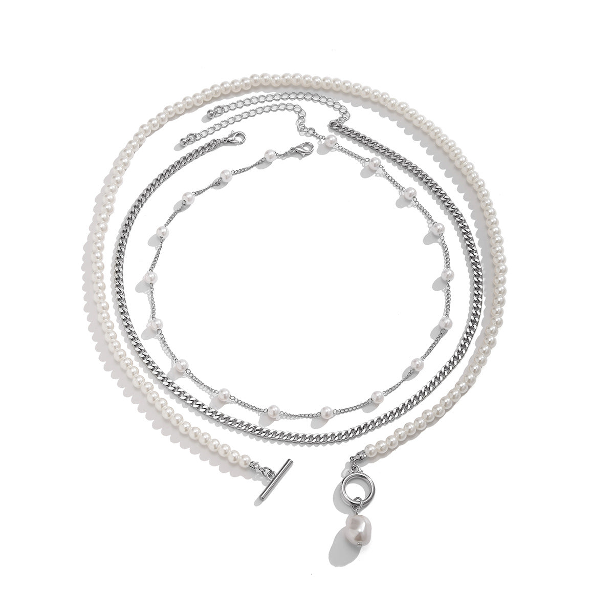 Men's OT Buckle Pearl Chain Necklace Three-piece Set