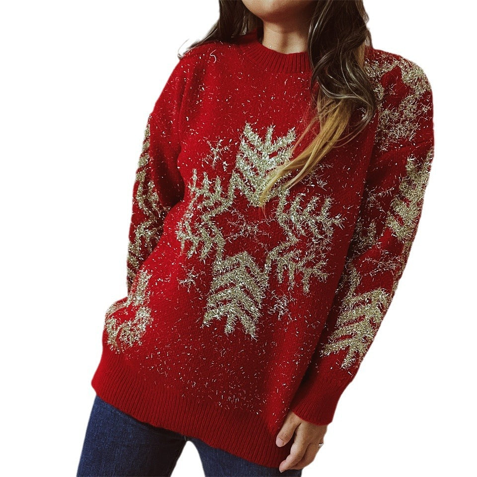 Women's Loose Gold Line Large Snowflake Christmas Sweater