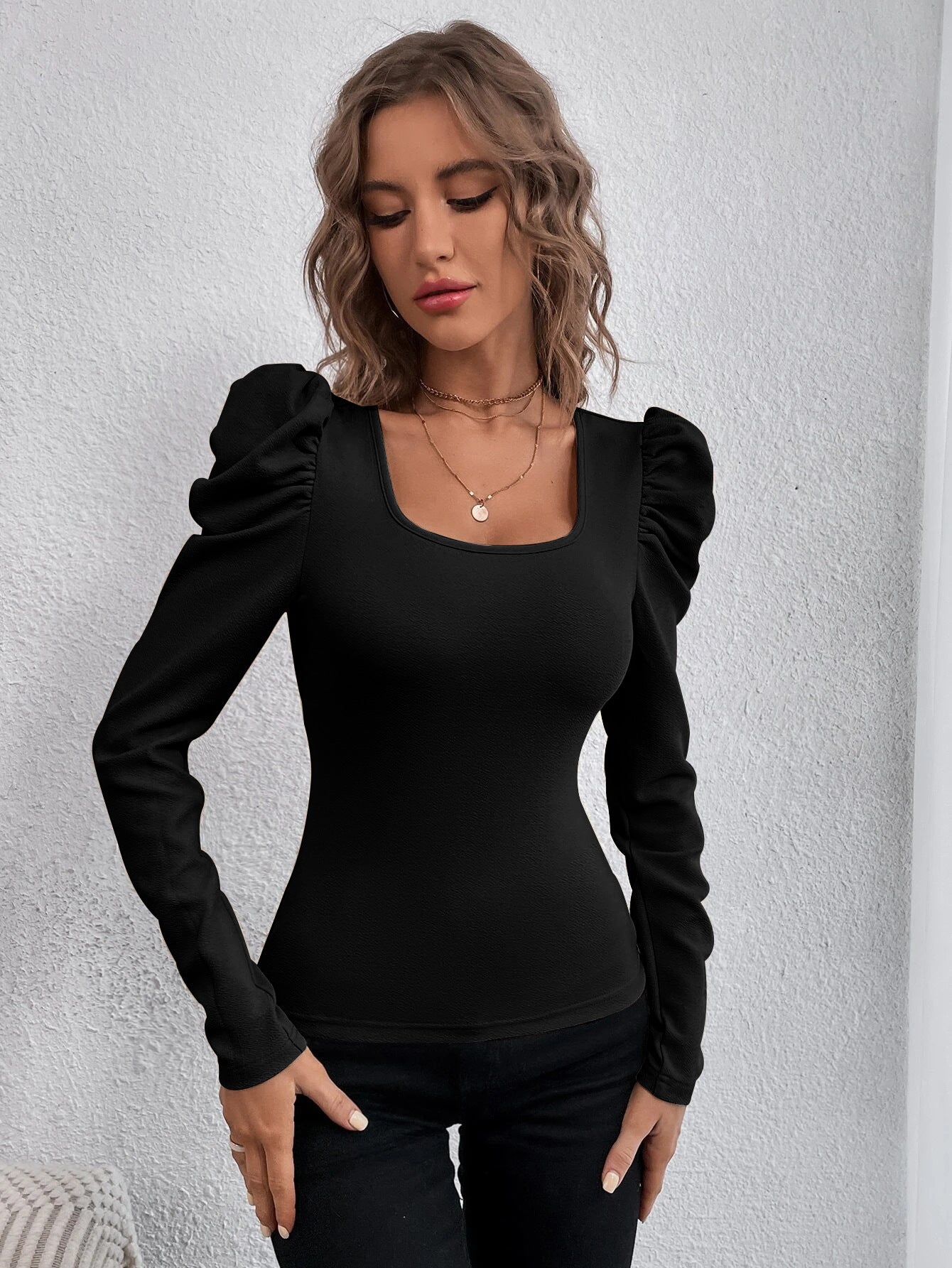 Women's Square Collar Slim-fit Knitted Long-sleeved T-shirt