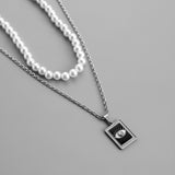 Stylish & Simple Personality All-match Stainless Steel Square Plate Eye Pearl Necklace