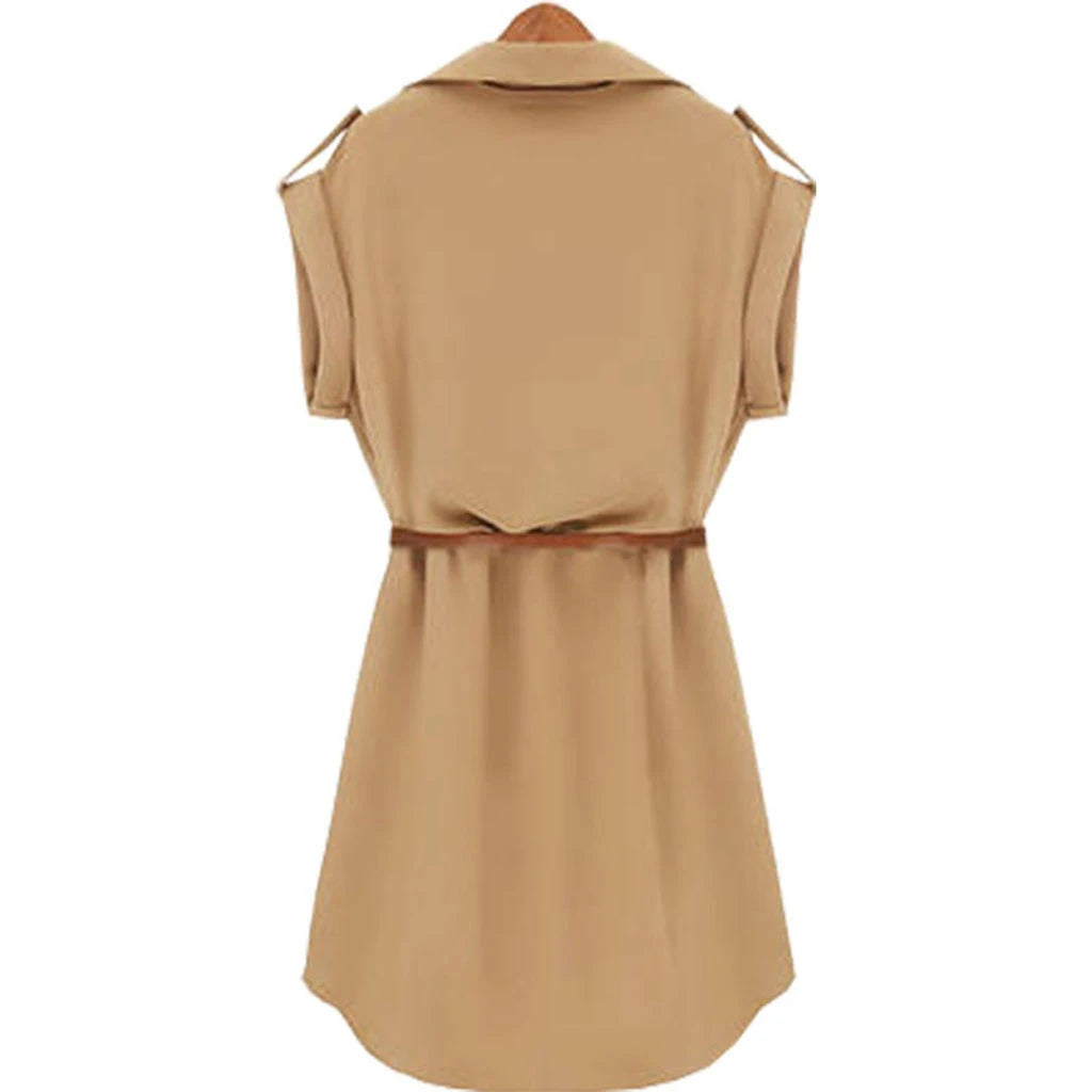 Casual Summer Style Dress Women Casual V-neck Short-Sleeved Shirt Loose Chiffon Mini Dress with Belt - Minihomy