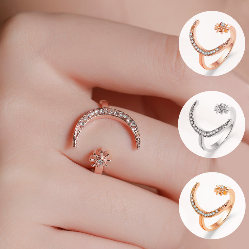 Moon And Star Opening Rings: Fashionable Rhinestone Jewelry - Minihomy