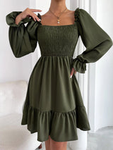 Flared Long Sleeve Dresses Women Square Neck Ruffled Swing Dress - Minihomy