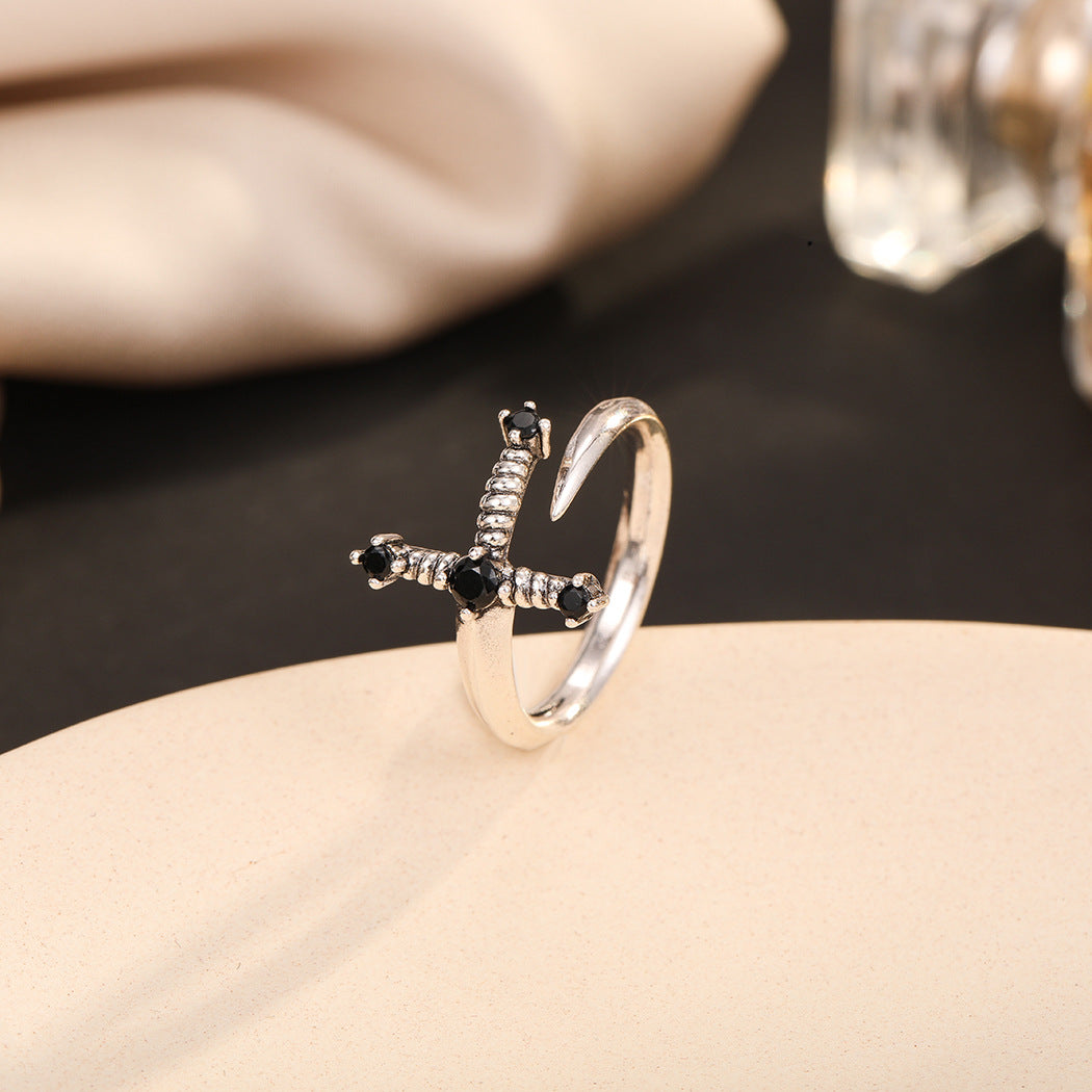 Personalised Minimalist Black CZ Sword Ring Jewelry - Minihomy