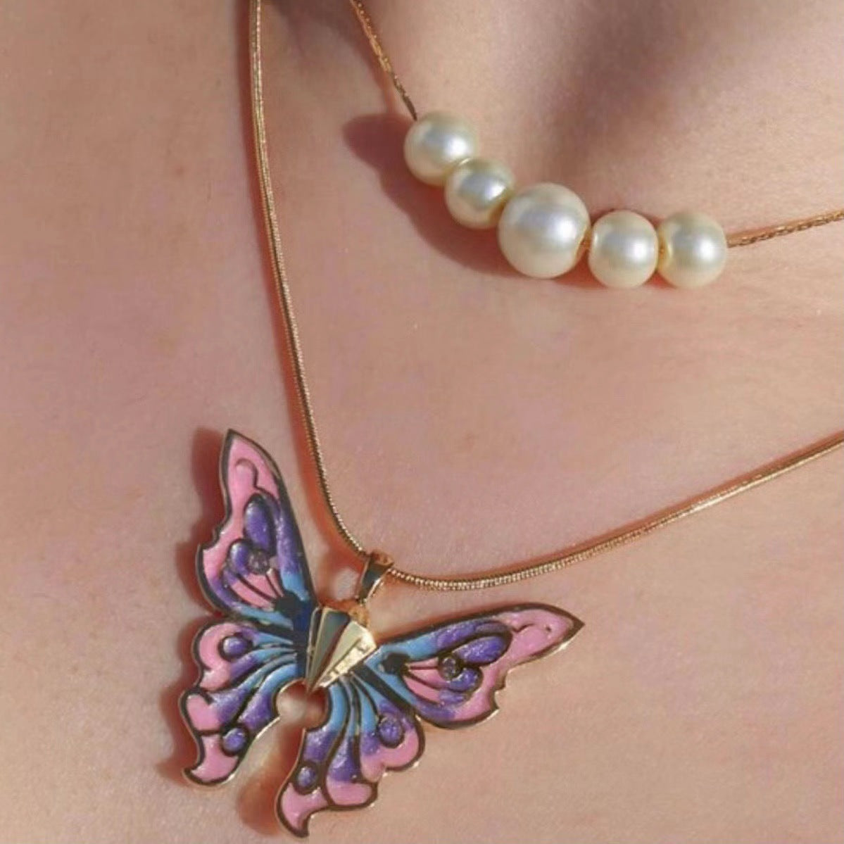 Butterfly Necklace Pearl Double Strand: Elegant European-American Style - Minihomy