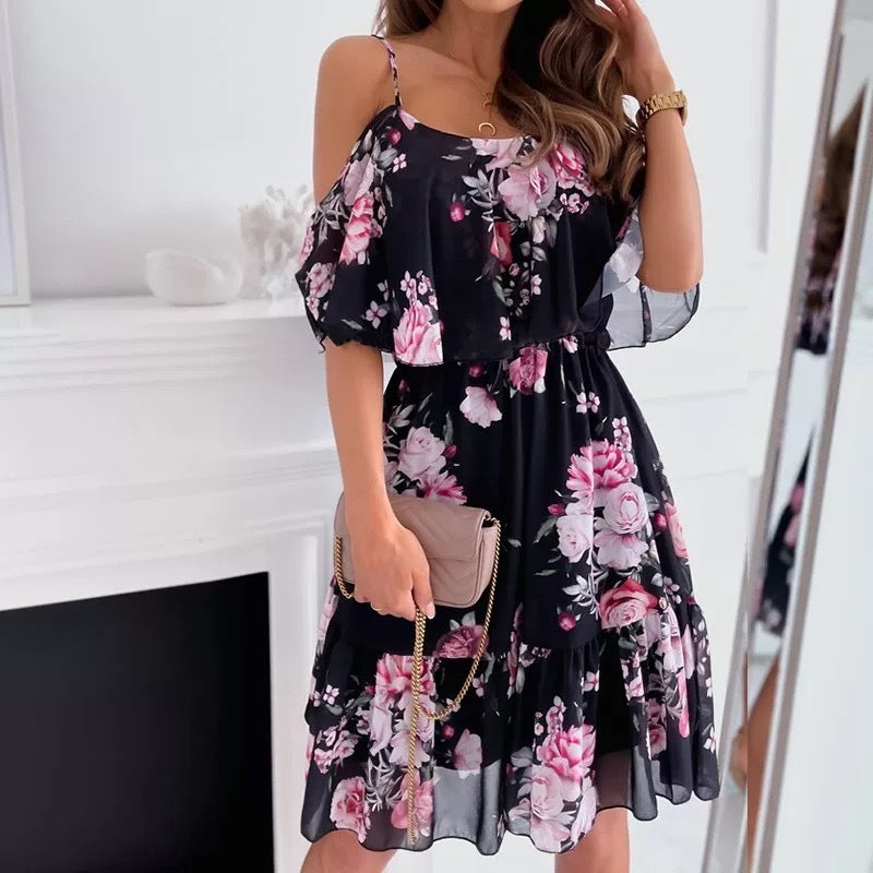 Women's Summer Floral Ruffled Off-the-Shoulder Suspender Dress