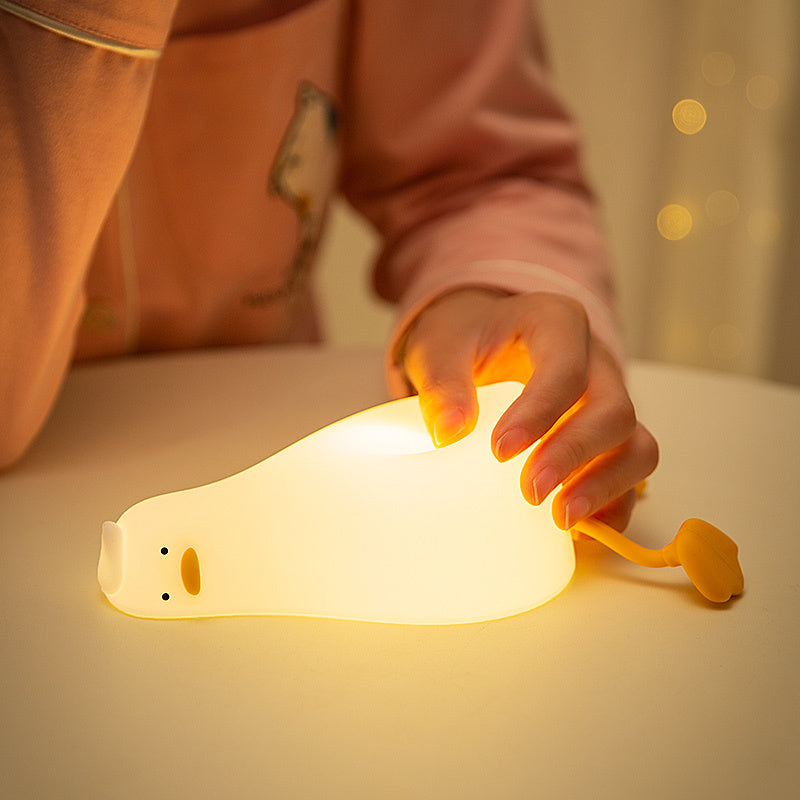 Lie Flat Duck Silicone Night Light - LED Children's Bedside Table Lamp with Pat Dimming and Rechargeable Battery