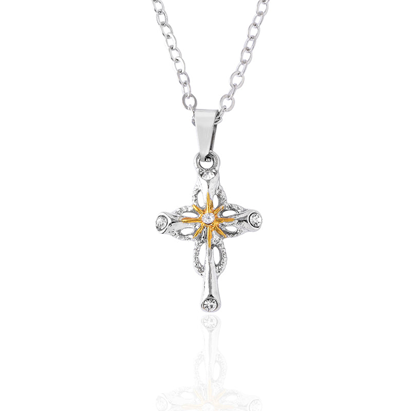 Cross Flower Pendant Necklace Catholic Faith Silver Necklace