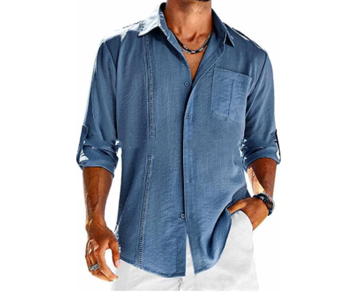 Casual  Long Sleeve Shirt With Pocket Lace Polo Collar Solid Color Button Mens Clothing - Minihomy