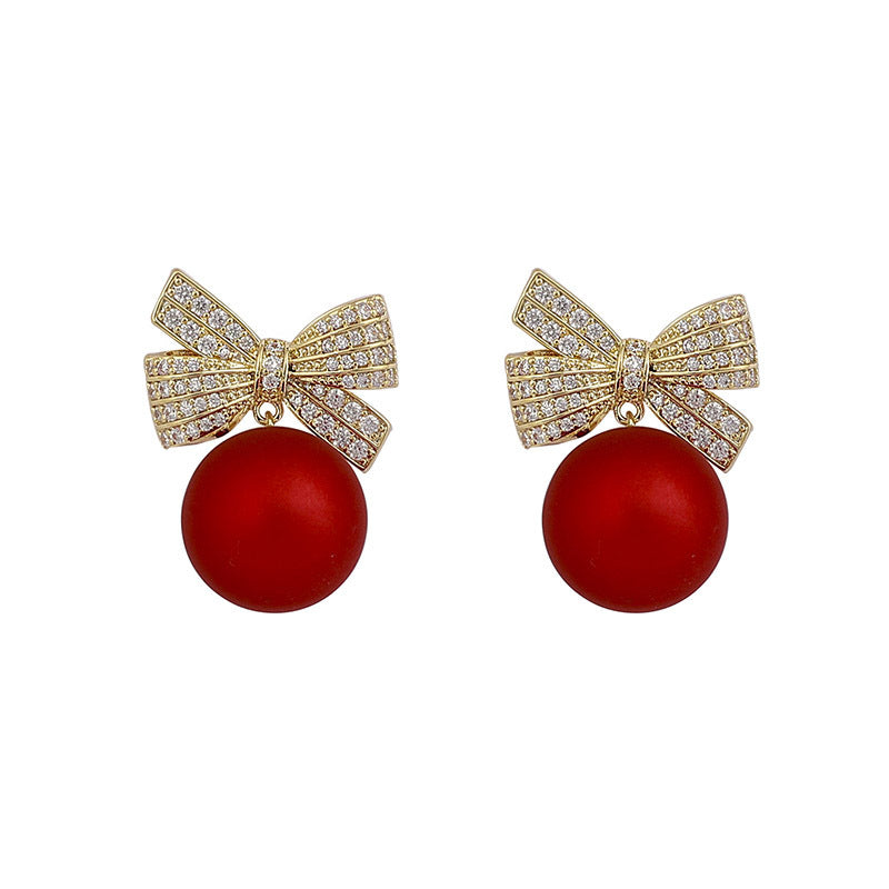 Female Bowknot Pearl Earrings Temperament Christmas - Minihomy