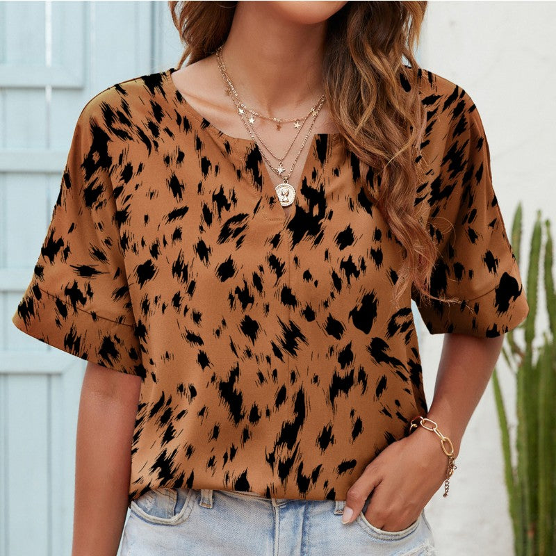 Printed V-neck Short-sleeved Casual Top T-shirt For Women