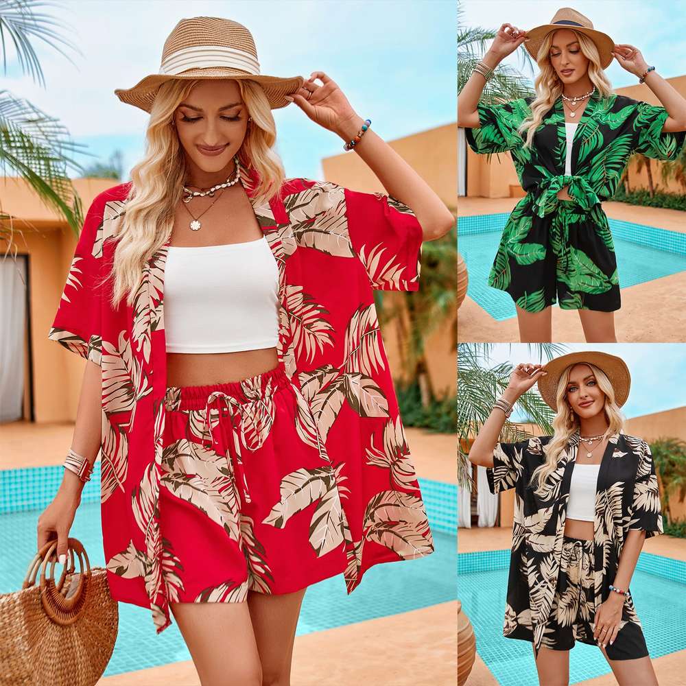 2pcs Casual Holiday Leaves Print Suit Summer Short Sleeve Shirt Top And Drawstring Shorts Sets For Womens Clothing - Minihomy