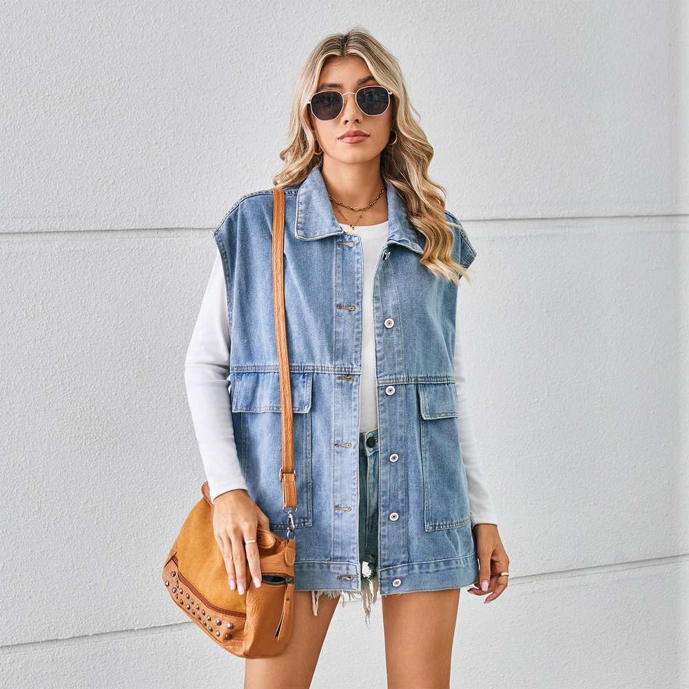 Denim Vest With Big Pockets Sleeveless Outwear Vest Women's Clothing - Minihomy