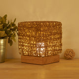 Hand-Knit Dimmable Square LED Desk Lamp - Wood Rattan Twine USB Charging Table Light - Minihomy