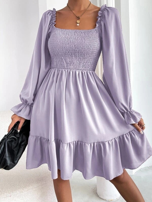 Flared Long Sleeve Dresses Women Square Neck Ruffled Swing Dress - Minihomy