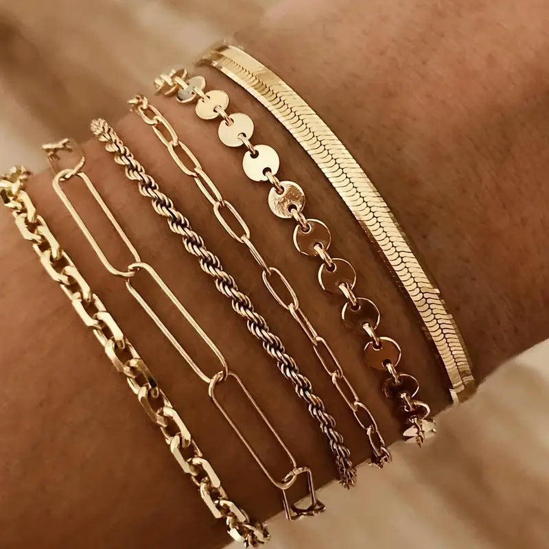 Six-piece Set All-match Bracelet: Personality Fashion Snake Chain Hemp Flowers Chain Alloy