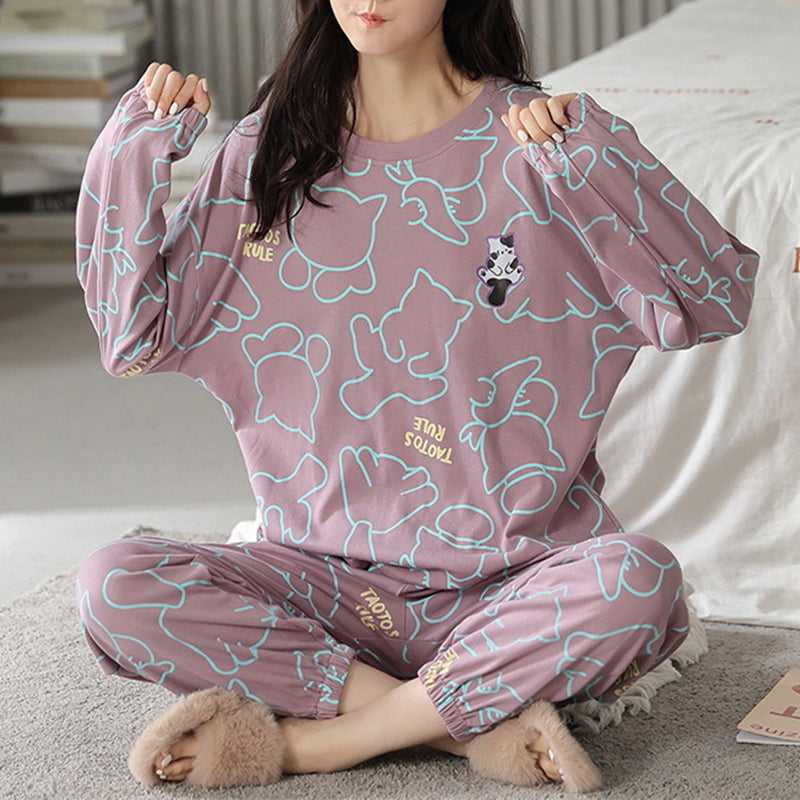 Loose Print Pajamas Women Autumn Winter Pyjama Set Long Sleeves And Trousers Sleepwear - Minihomy