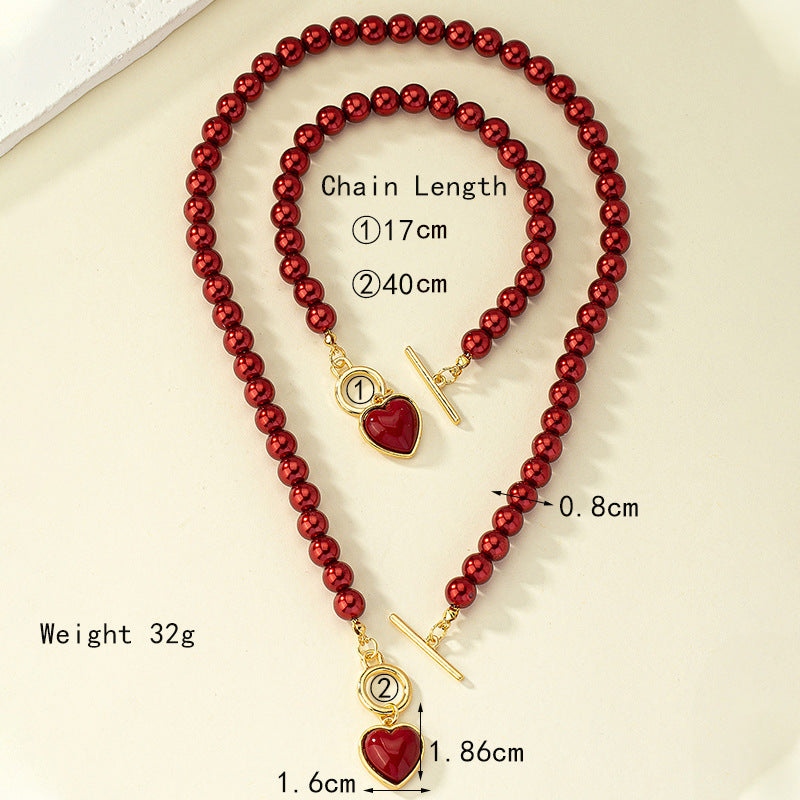 Pearl Bracelet And Necklace Set Female With Hearts Clavicle Chain - Minihomy