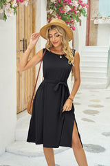 Summer Sleeveless Dress With Pockets Waist Lace-up Slits Dresses Fashion Womens Clothing