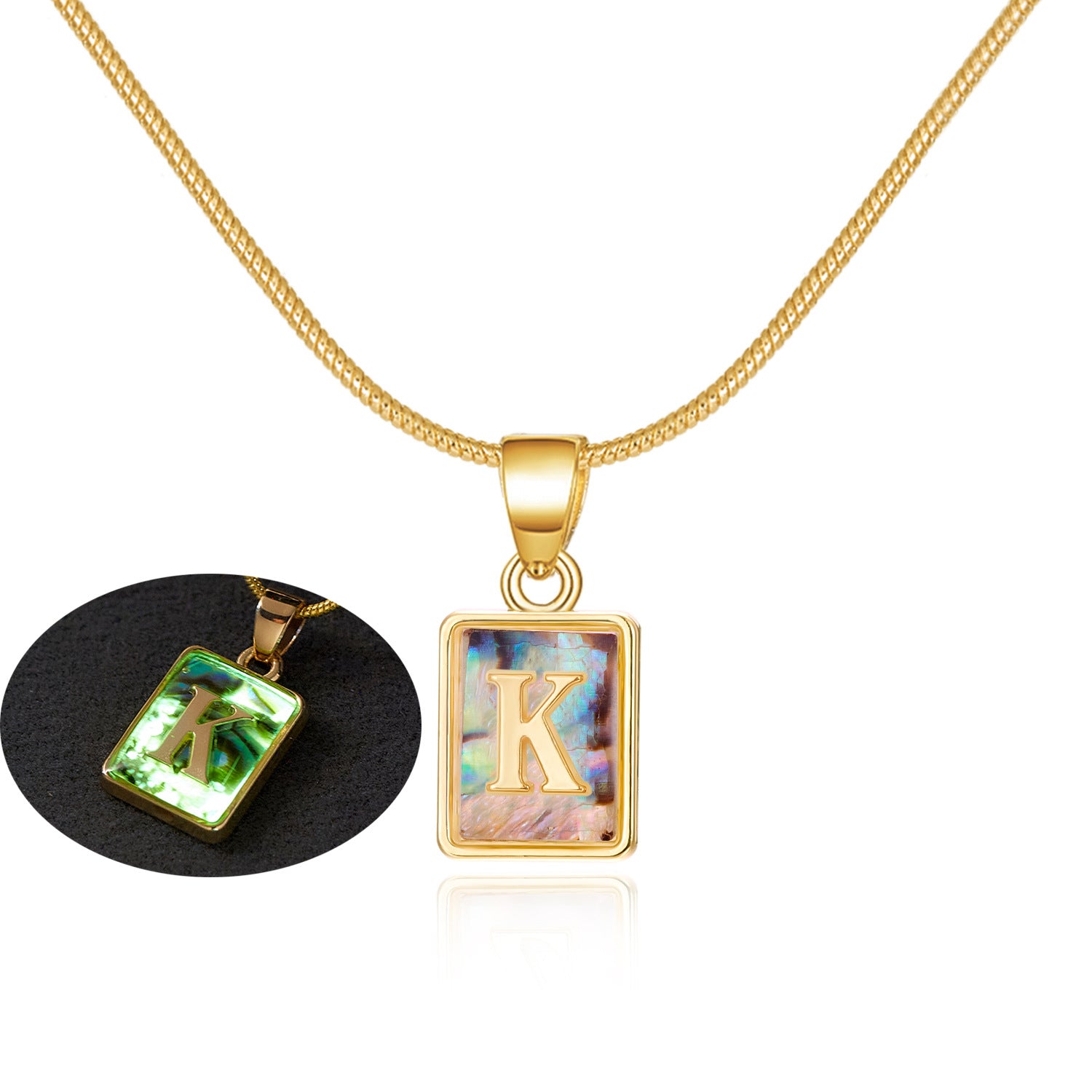 26 Letter Square Necklace Colorful Shell Luminous Pendant Chain Necklace For Women - Minihomy