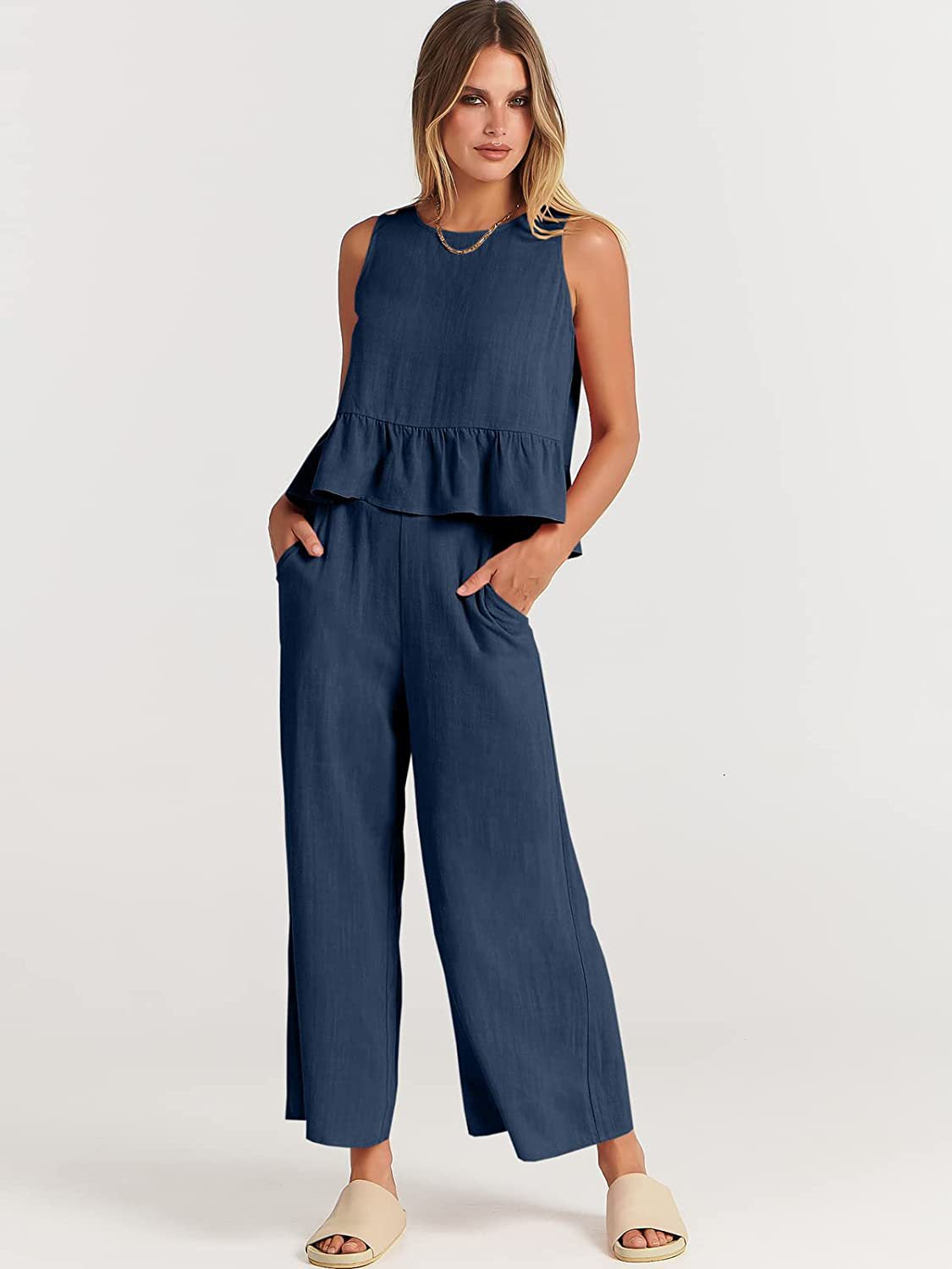 Casual Suit Summer Sleeveless Pleated Vest And Wide-leg Cropped Pants Two Piece Sets