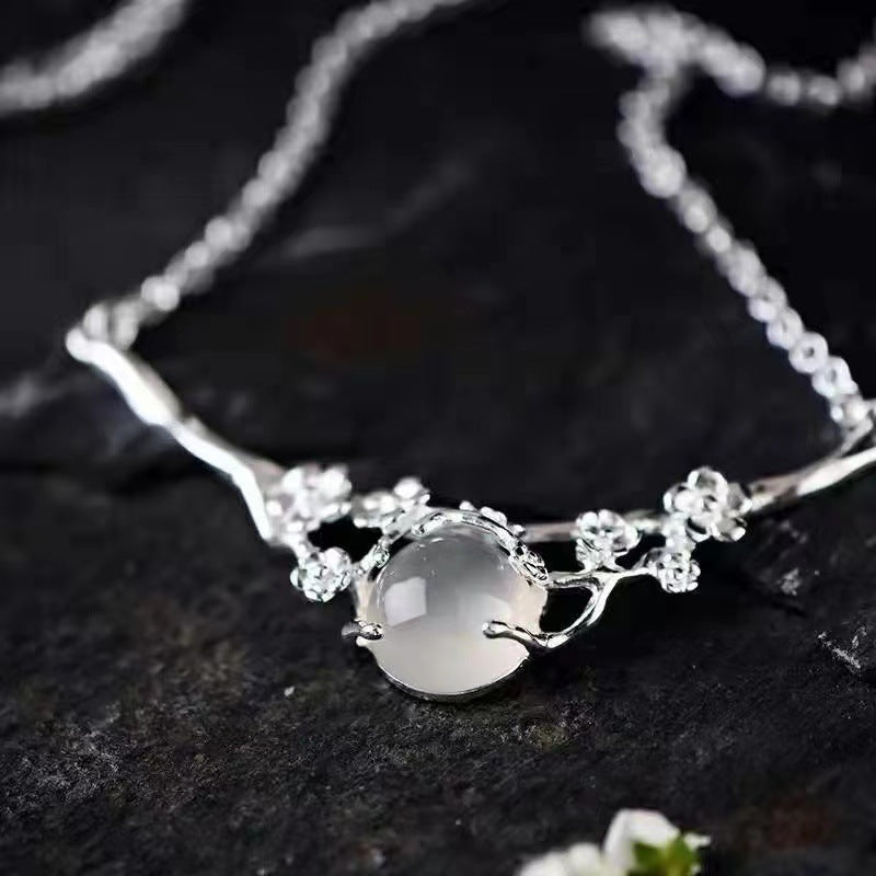 Plated 925 Inlaid  Moonlight White Chalcedony Moon Shadow Cold Plum Necklace - Minihomy