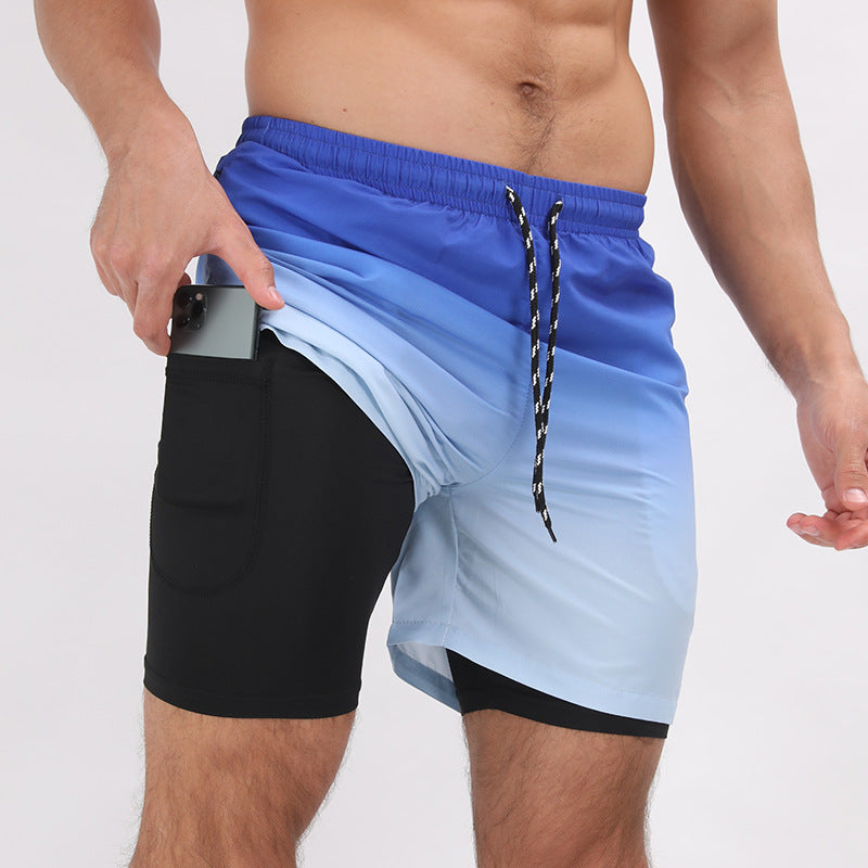 Gradient Printed Beach Shorts - Double Layer Casual Sport Shorts