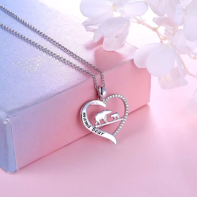 Mama Bear Crystal Heart Pendant Necklace
