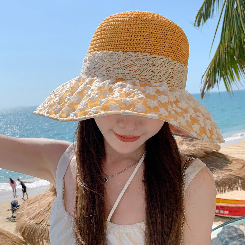 Lace Bow Straw Sun Hat - Wide Brim UV Protection Fisherman Hat for Summer