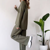 Women's Knitted Turtleneck Suit Set - Loose Split Long Sleeve Top & Trousers