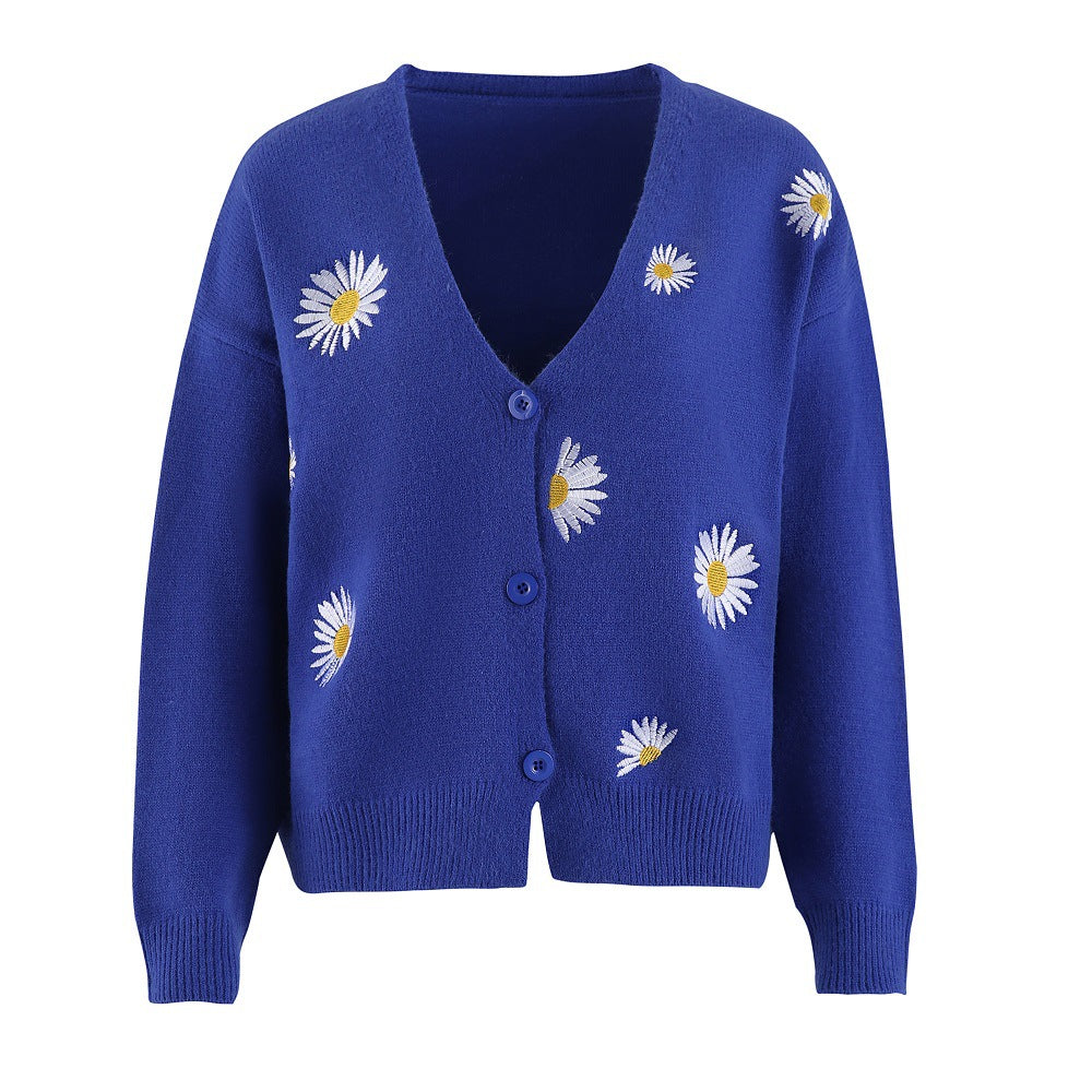 Women's Single Breasted Sweater Chrysanthemum Embroidered Cardigans Coat Clothes