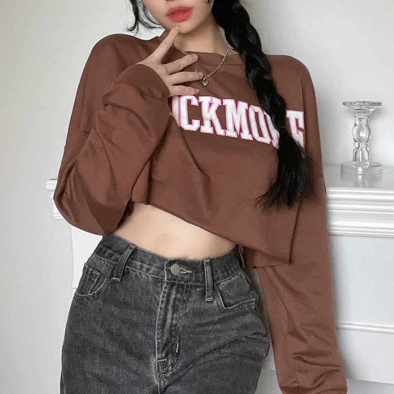 Harajuku Letter Printed Brown Cropped Sweatshirt Women Tops