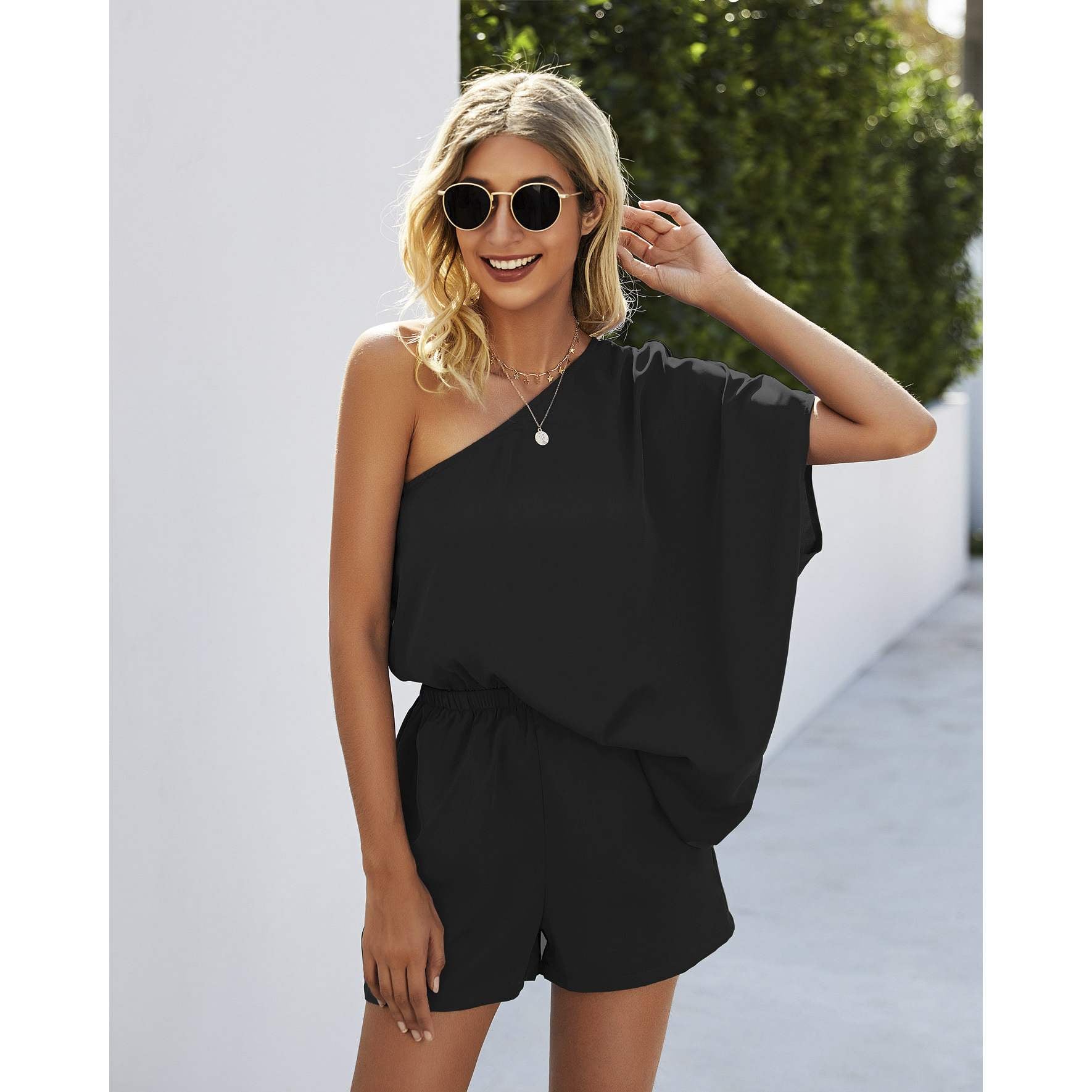 High Waist Short one Shoulder Loose Jumpsuit