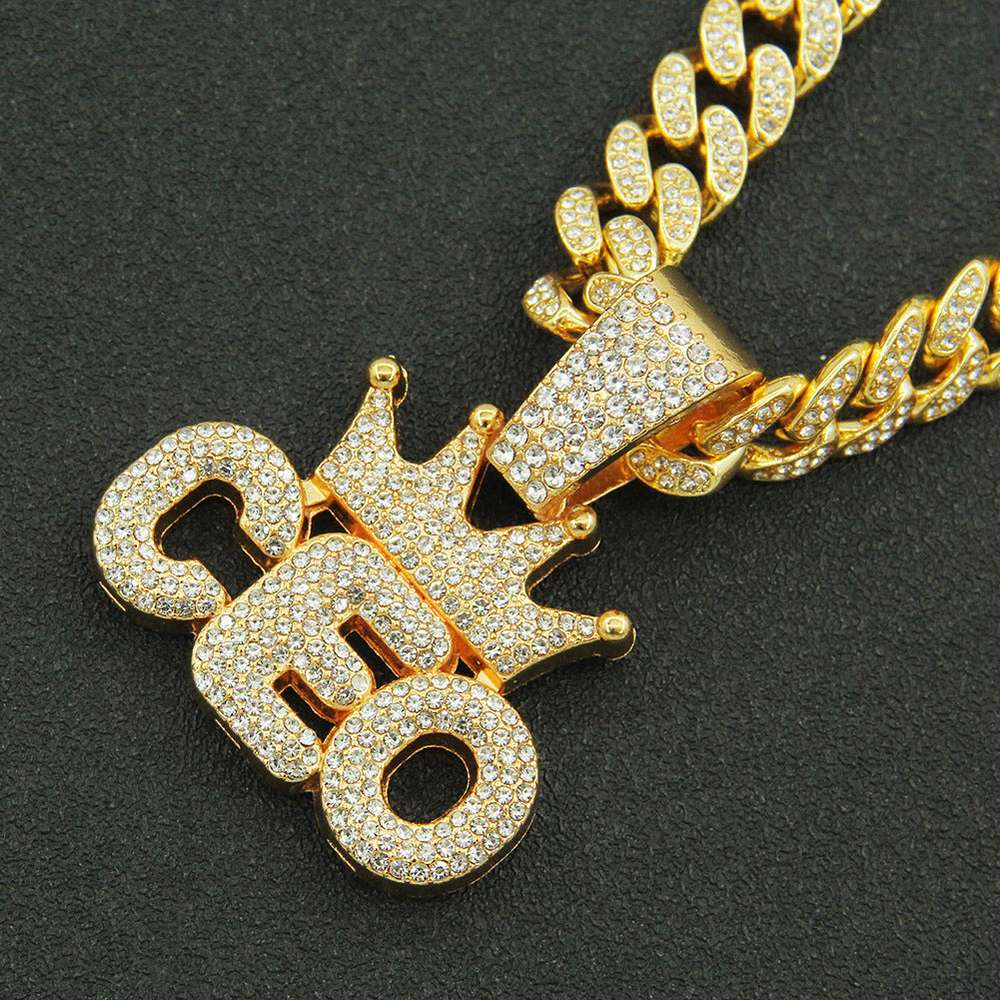 European Hip Hop Full Diamond Crown Letters Pendant Cuban Necklace - Minihomy