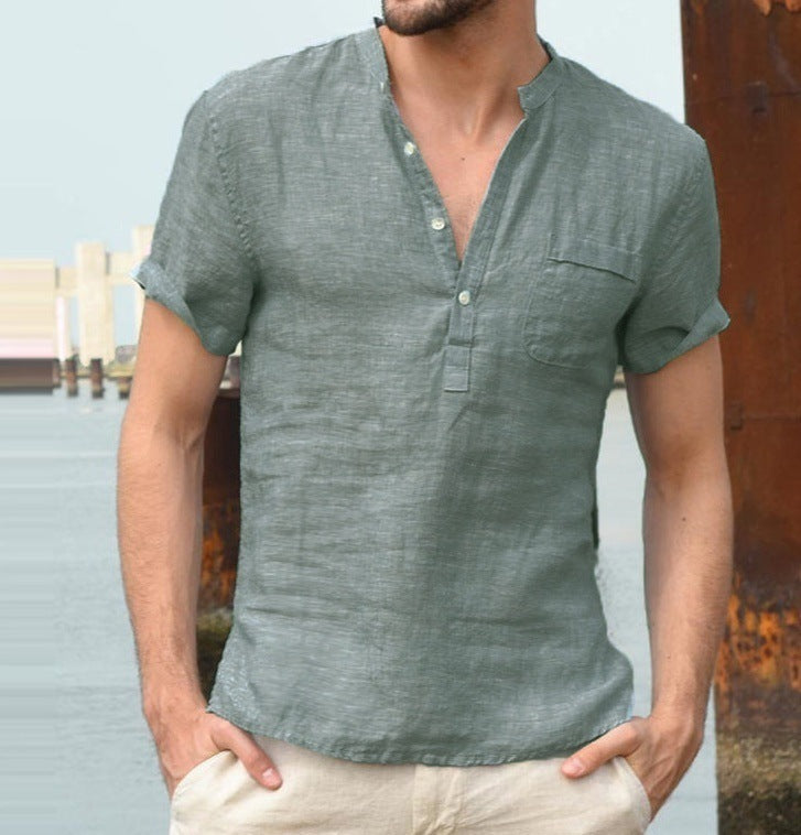 Casual Linen Solid Color Shirt Button V Neck Beach Shirt Men Summer Tops - Minihomy