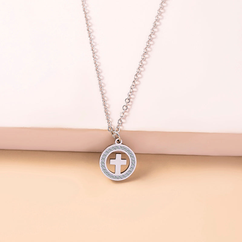 Gold Hollow Round Cross Necklace Silver Stainless Steel Crystal Circle Pendant Necklaces - Minihomy