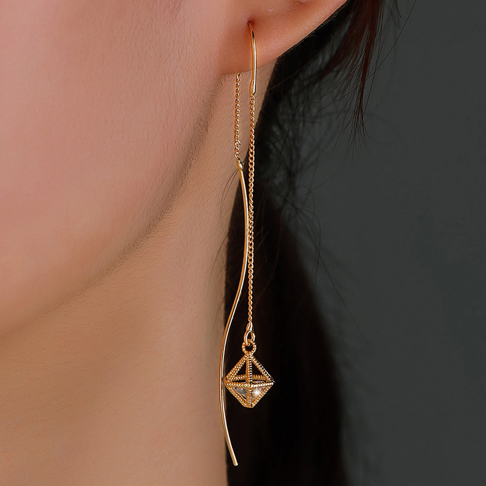 Gold Bronze Cutout Zircon Tassel Earrings - Minihomy