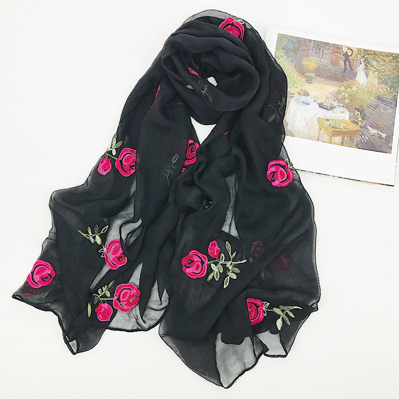 Embroidered Flower Rose Chiffon Ethnic Wind Sunscreen Shawl Beach Gauze Silk Scarf