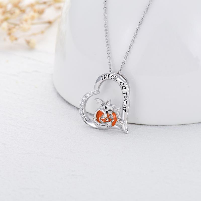 Halloween Jewelry Pumpkin Necklace 925 Sterling Silver Cat Heart Necklace for Girls Women Birthday Christmas Halloween Jewelry Gifts