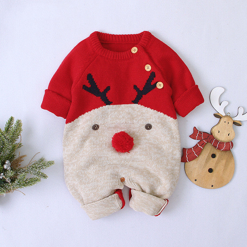 Boys and girls knitted cartoon deer romper Christmas sweater - Minihomy