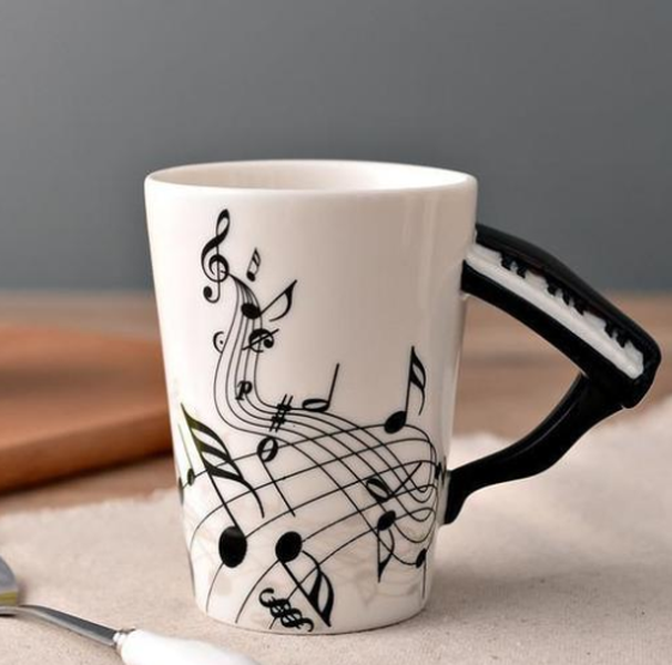 Coffee cup with music notes in the form of saxophone handle ceramic porcelain cup of tea milk method - Minihomy